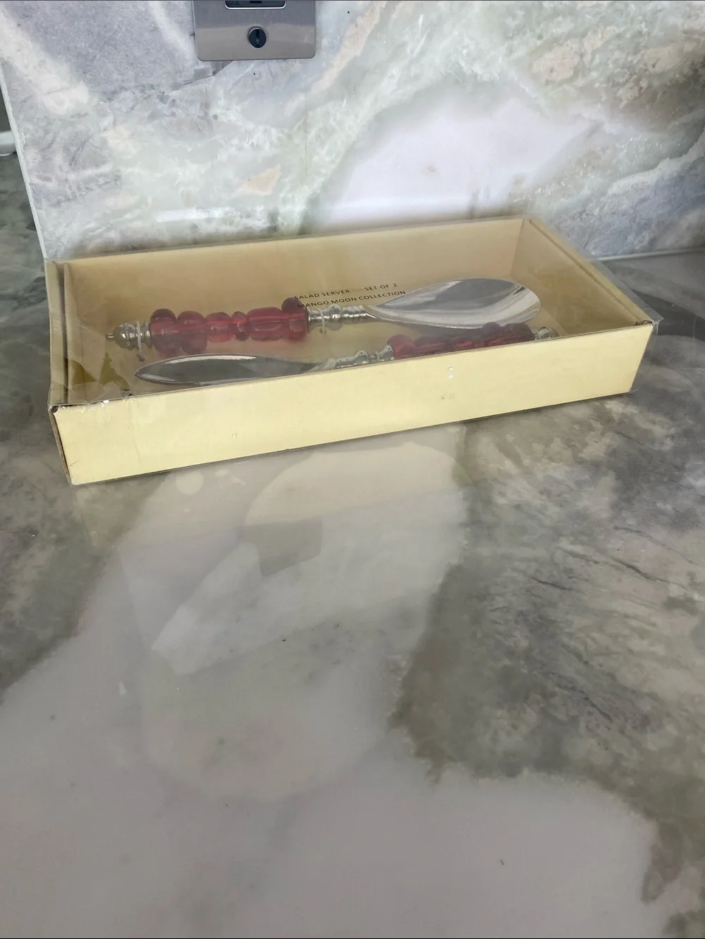 NIB Red Beaded Salad Serving Set with Silver-Tone Utensils